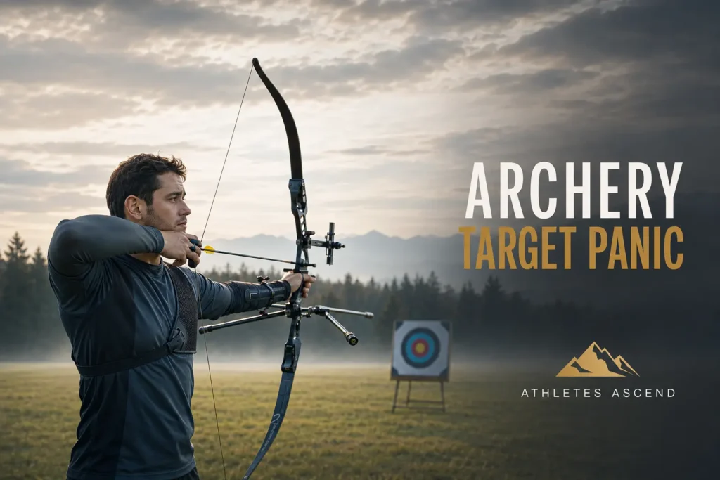 Archer hesitating at full draw, representing archery target panic and difficulty releasing the arrow confidently.