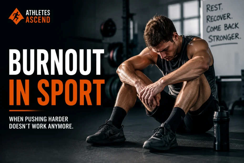 Exhausted athlete sitting alone after training, illustrating burnout in sport, mental fatigue, physical exhaustion and the importance of recovery.