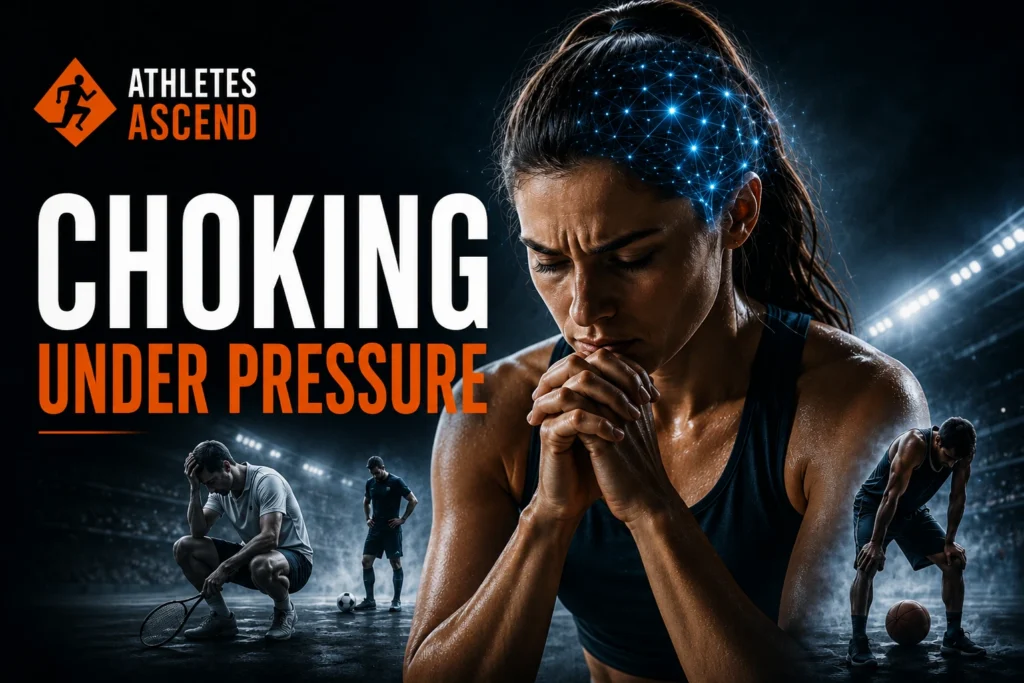 Female athlete experiencing choking under pressure during competition, illustrating performance anxiety, mental pressure and sports psychology.