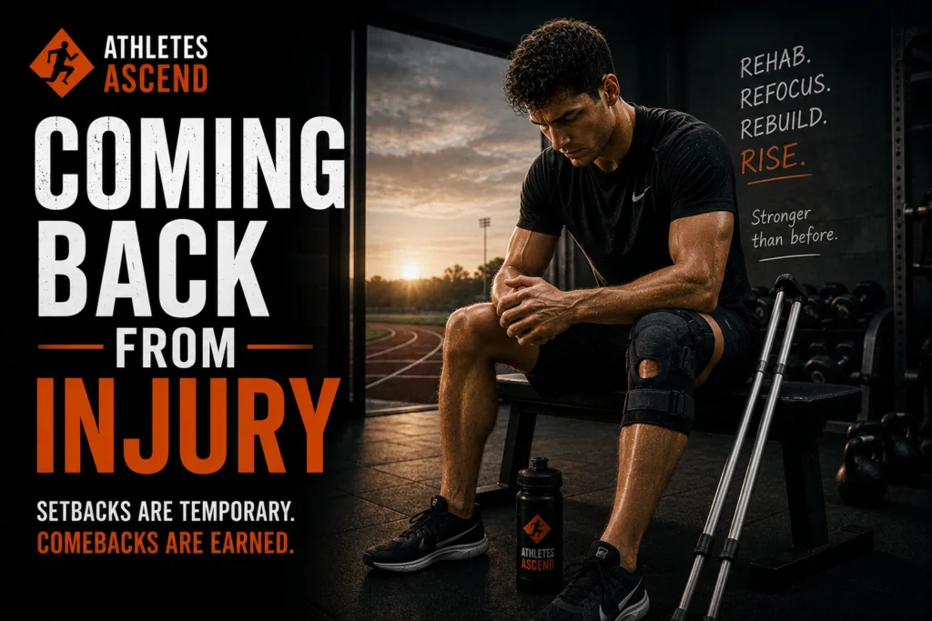 Athlete recovering from injury in a gym, illustrating the physical and psychological journey of returning to sport with confidence, resilience and determination.