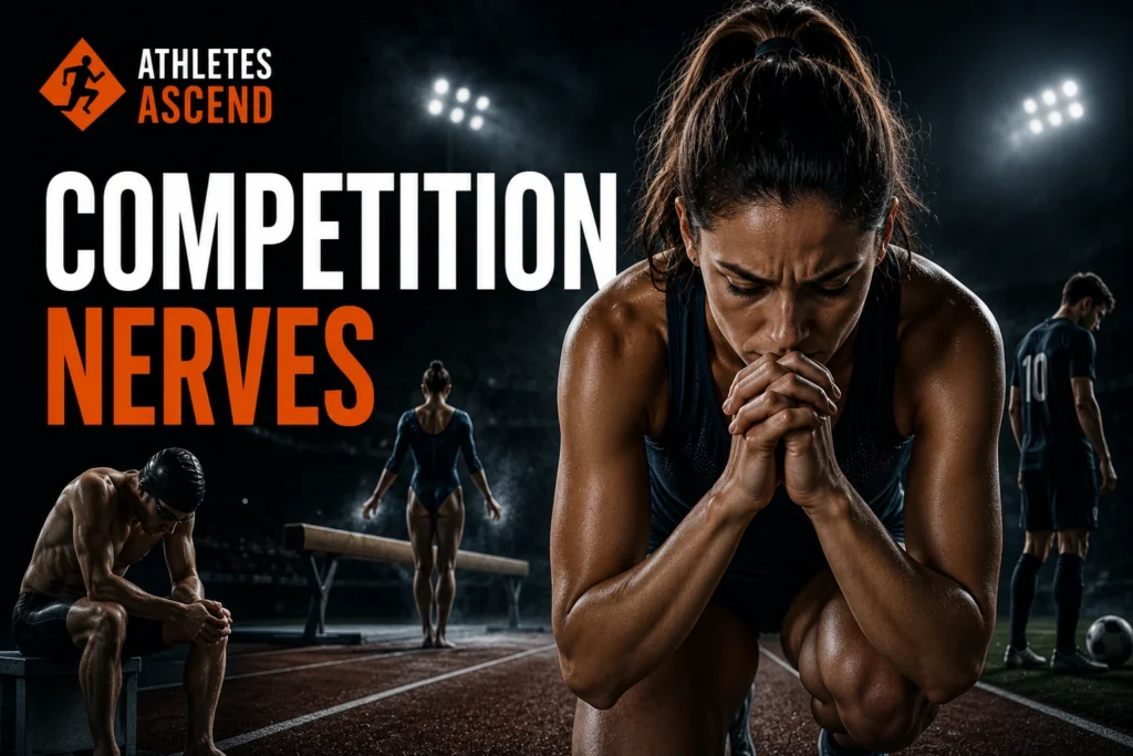 Athletes experiencing competition nerves before an event, illustrating pre-competition anxiety, mental preparation and sports psychology.