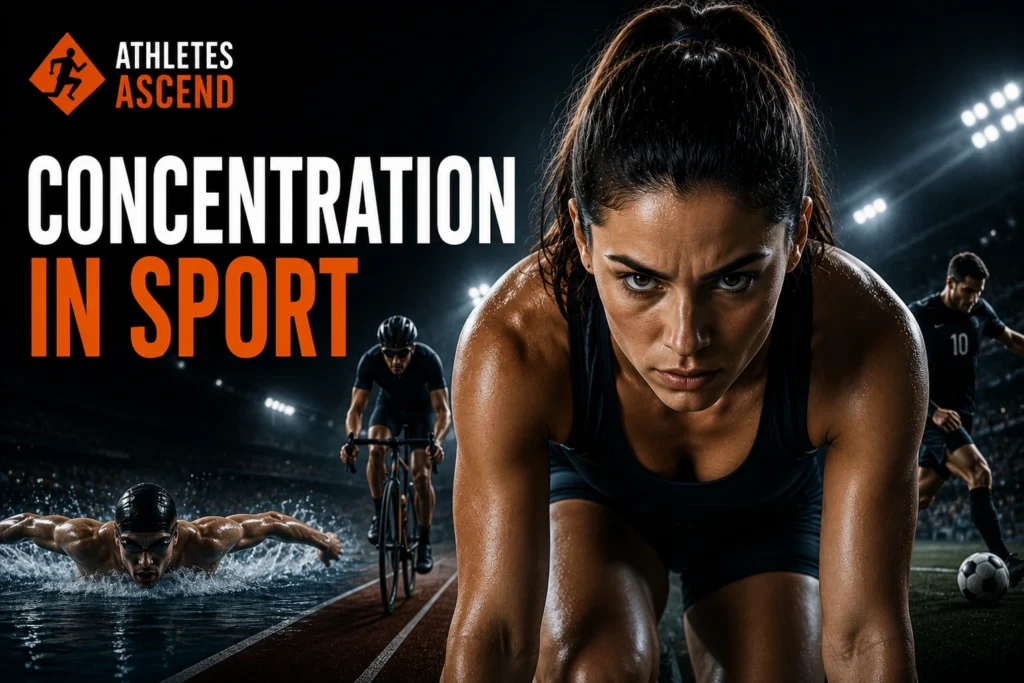 Focused female athlete preparing to compete, illustrating concentration in sport, sustained attention, mental focus and performance psychology.