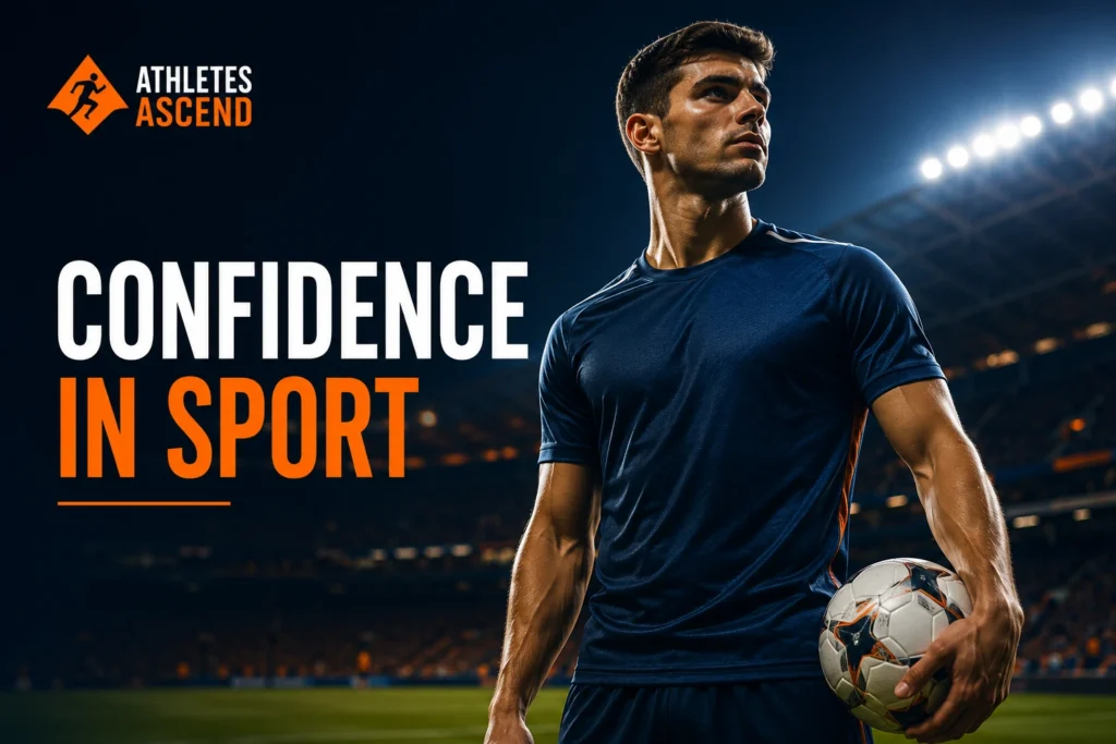 Confident football player standing under stadium lights representing confidence in sport and sports mindset coaching.
