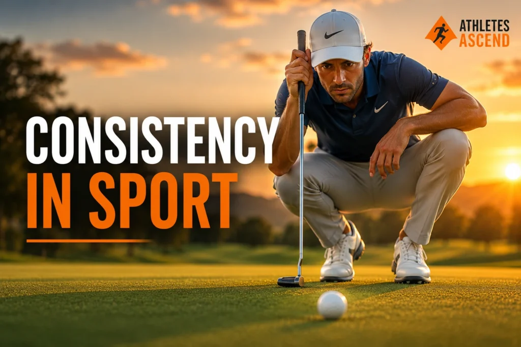 Golfer lining up a putt with intense concentration, representing consistency, routine and reliable performance in sport.