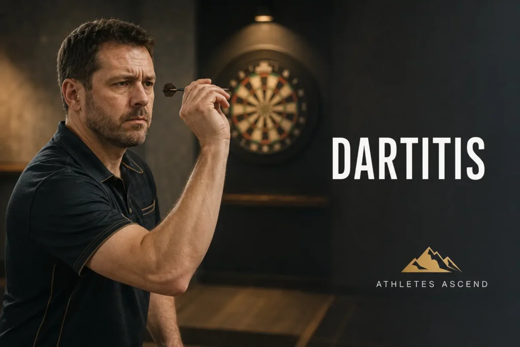 Darts player hesitating with the dart raised, representing dartitis and difficulty releasing the dart naturally.