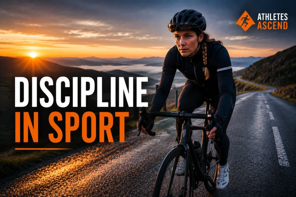 Female road cyclist training alone at sunrise, representing discipline, commitment, consistency and high performance in sport.