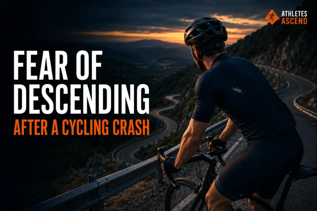Road cyclist cautiously approaching a steep mountain descent after losing confidence following a cycling crash.