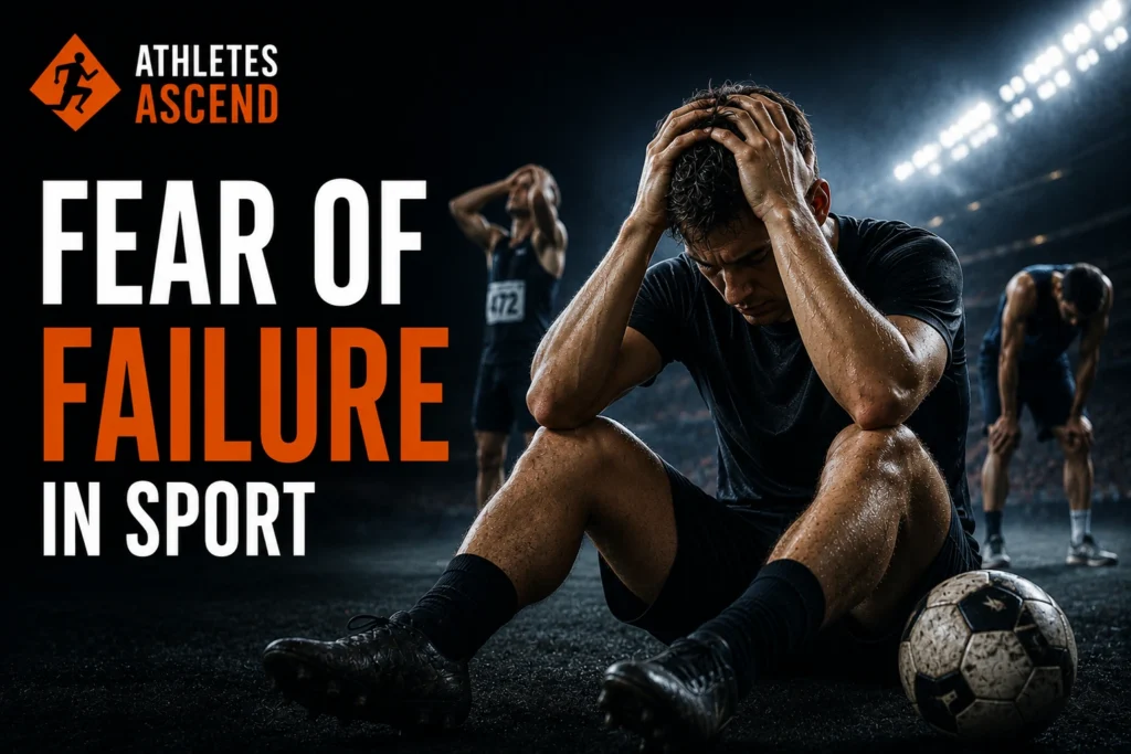 Male athlete sitting on the ground after competition, illustrating fear of failure in sport, performance pressure and sports psychology.