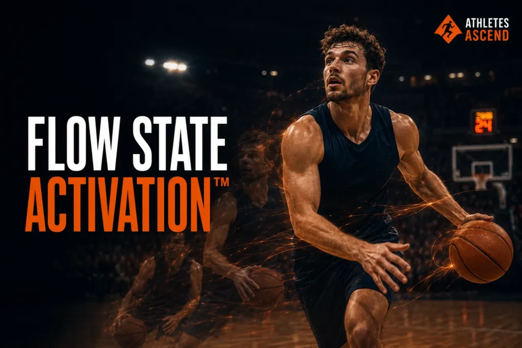 Basketball player experiencing Flow State Activation™, moving effortlessly with complete focus and amazed recognition.