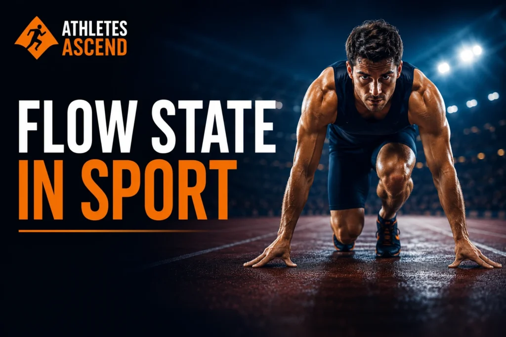 Athlete in a state of deep focus at the start of a race, representing flow state in sport and peak performance coaching.