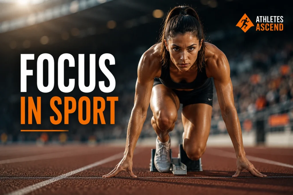 Female sprinter in the starting blocks demonstrating focus, concentration and mental preparation before competition.