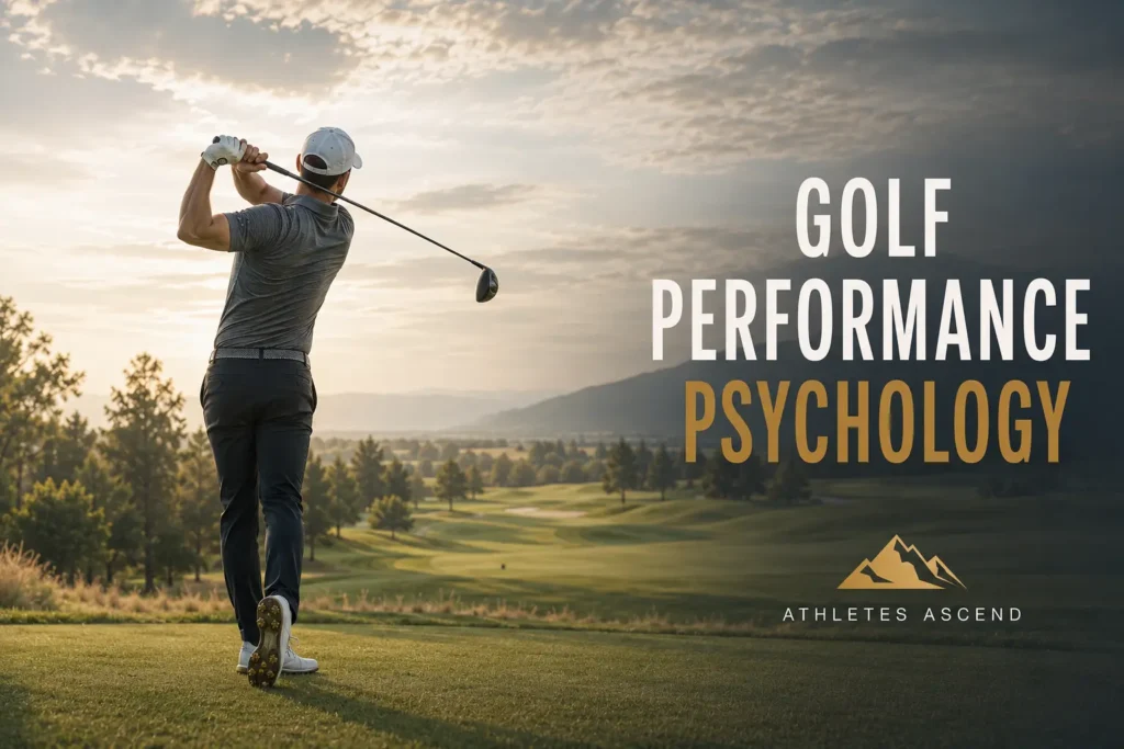 Golfer completing a confident full swing on an open course, representing focus and playing freely in golf.