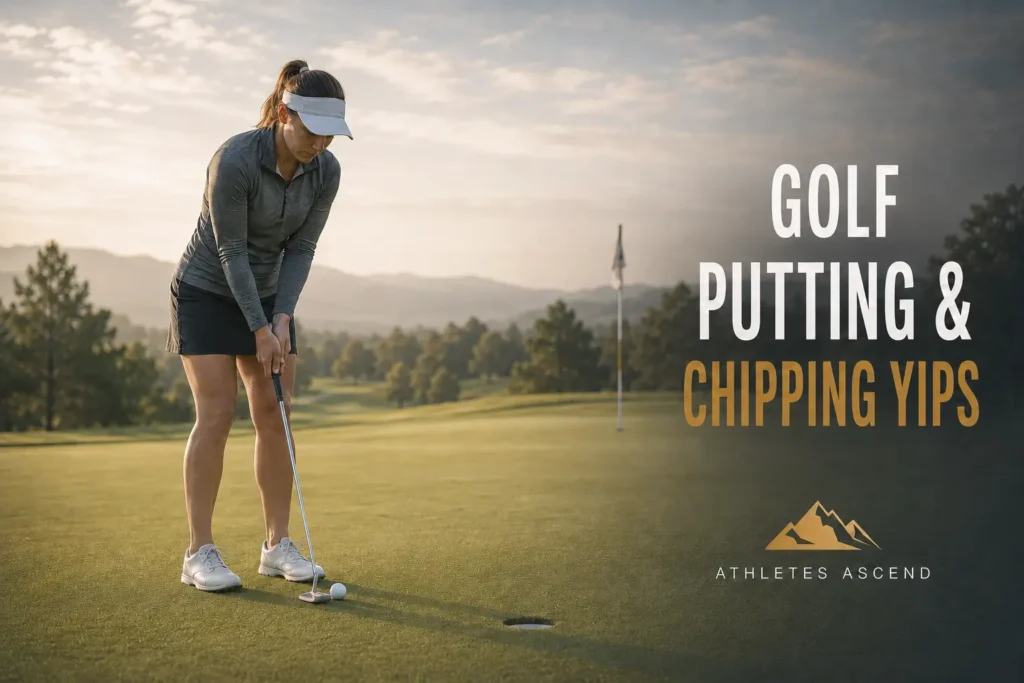 Golfer hesitating over a short putt, representing putting and chipping yips and difficulty completing the stroke naturally.