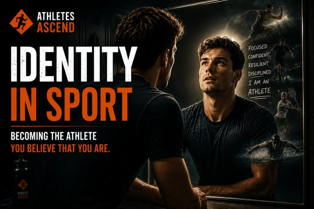 Athlete looking at his reflection, illustrating identity in sport and becoming the athlete you believe yourself to be through confidence, discipline and mindset.