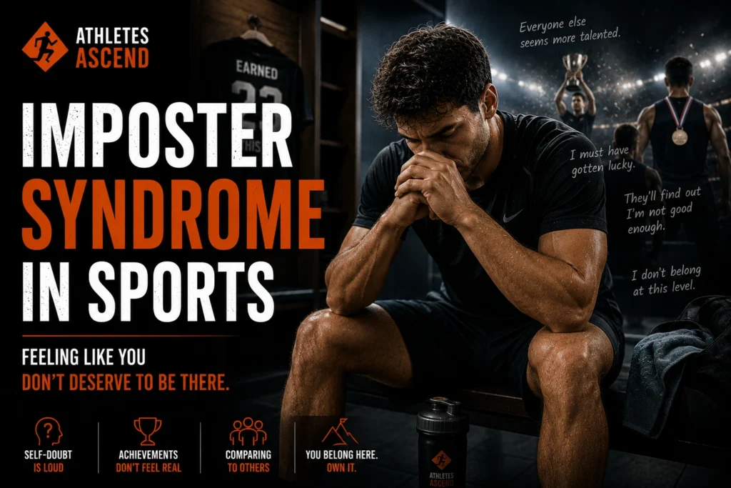 Athlete sitting alone in a changing room experiencing imposter syndrome in sport, feeling they do not deserve their success despite their achievements.