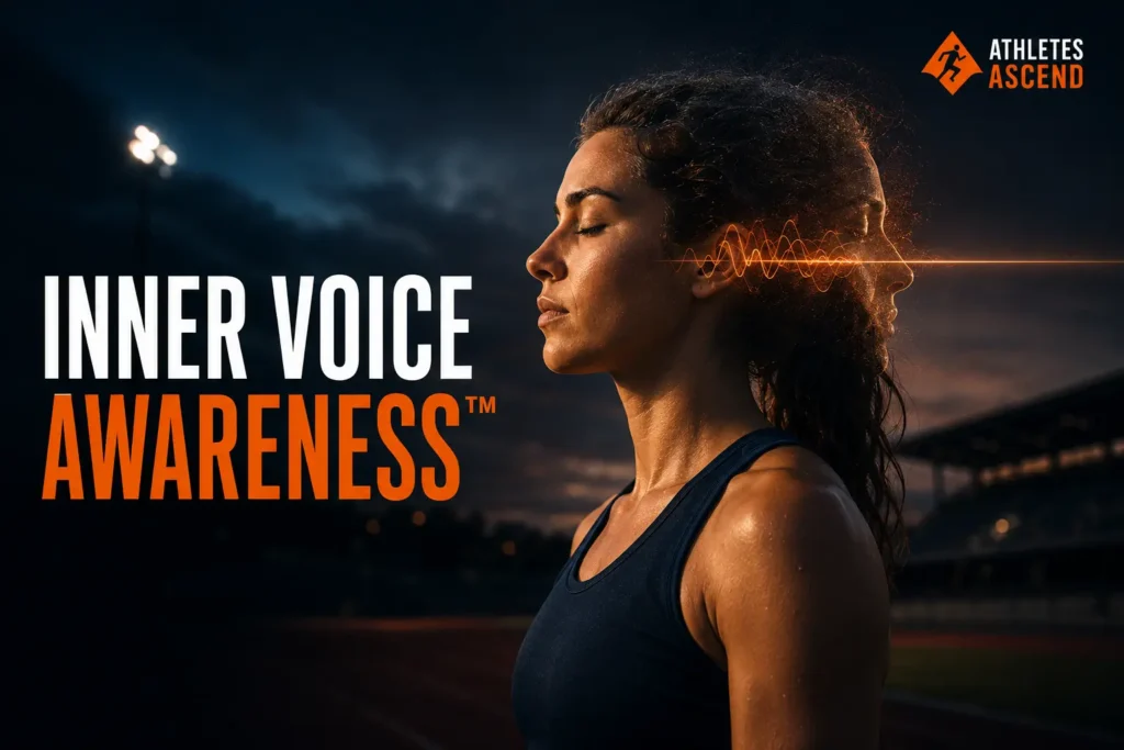 Female athlete becoming aware of her inner voice, represented by a subtle orange soundwave and reflected profile.