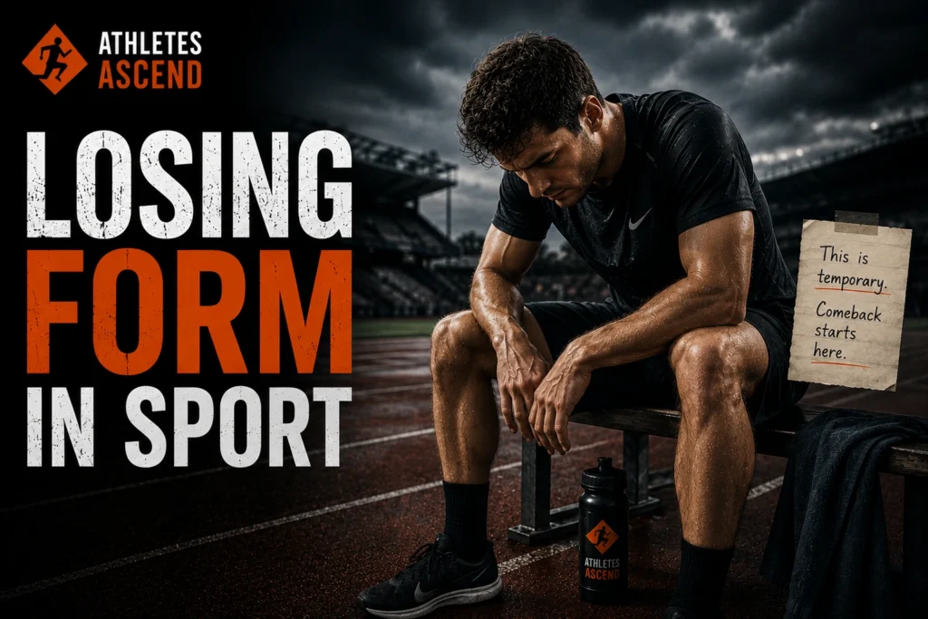 Athlete sitting on a bench reflecting after losing form in sport, illustrating a temporary dip in confidence, consistency and performance.