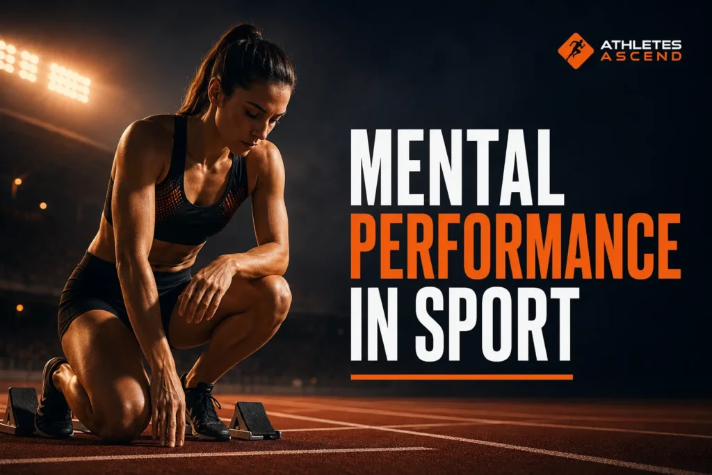 Female track athlete preparing mentally at the starting blocks, representing focus, composure and mental performance in sport.