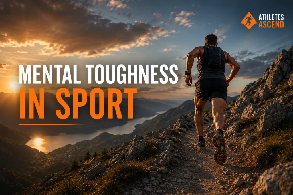 Trail runner climbing a mountain at sunrise, representing mental toughness in sport, resilience and endurance performance.