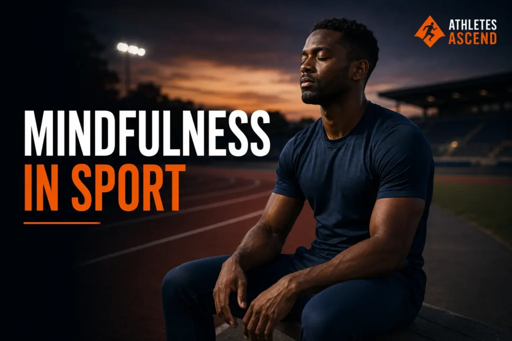 Black male athlete sitting calmly beside a running track, practising mindfulness and present-moment awareness.