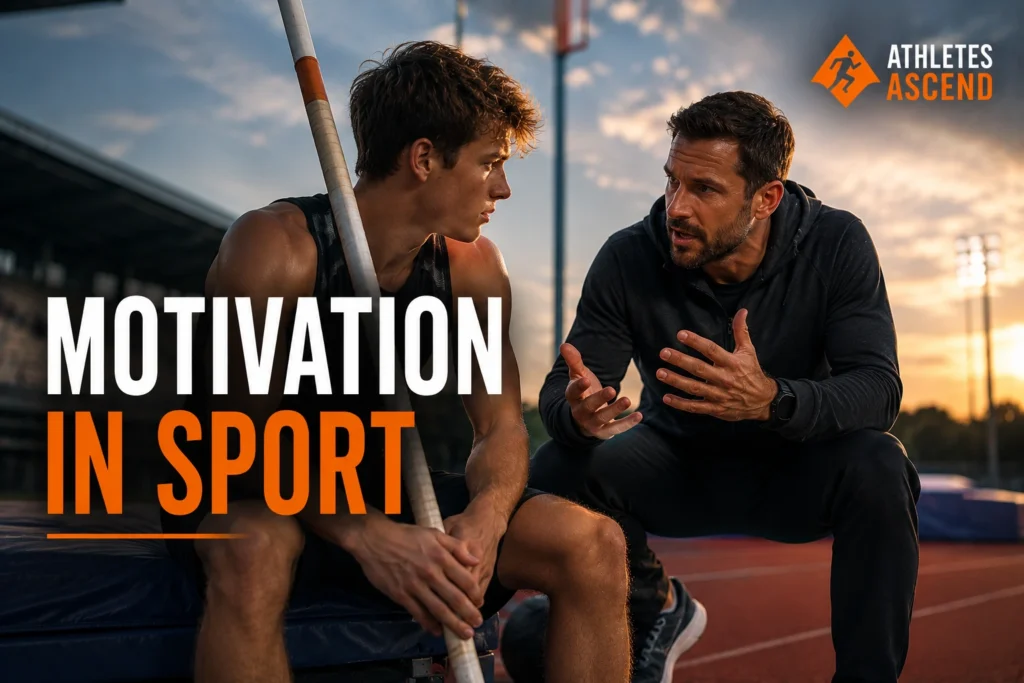 Coach motivating a young pole vaulter during training, illustrating motivation, encouragement and peak performance coaching in sport.