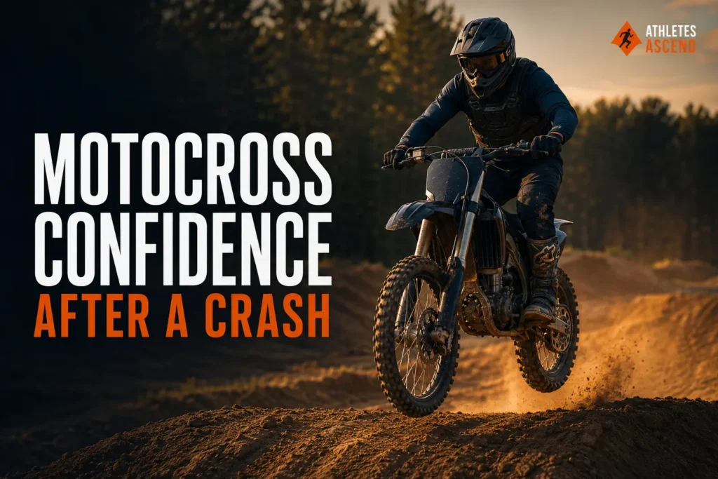 Motocross rider rebuilding confidence while riding carefully over a manageable dirt-track jump after a crash.