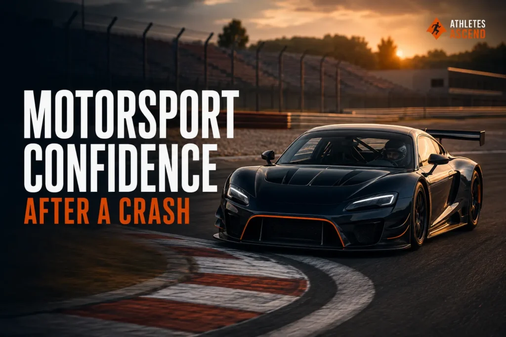 Racing driver rebuilding confidence while returning to the circuit in a controlled race car after a motorsport crash.
