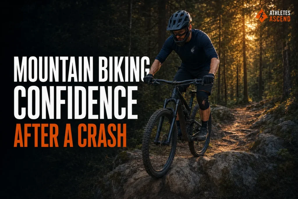 Mountain biker cautiously rebuilding confidence on a technical forest trail after a crash.