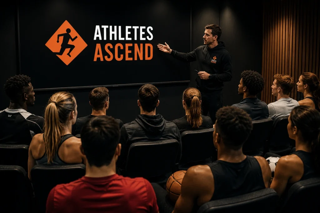 Coach teaching a group of athletes about neurological levels in sport, illustrating how mindset, identity, beliefs and behaviour influence athletic performance.