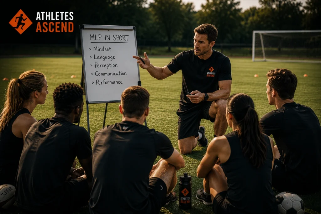 Sports coach teaching athletes on a training field, illustrating how NLP in sport can improve mindset, communication, confidence and athletic performance.