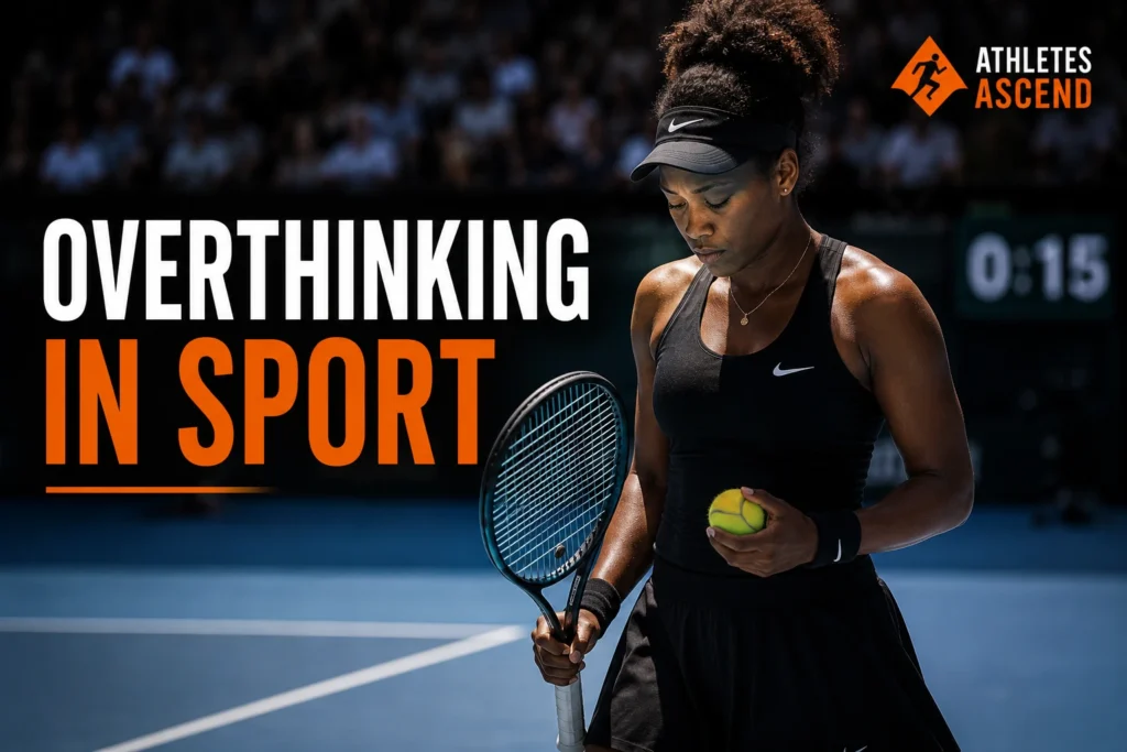 Black female tennis player looking down at a tennis ball before serving, illustrating overthinking, performance pressure and mental preparation in sport.