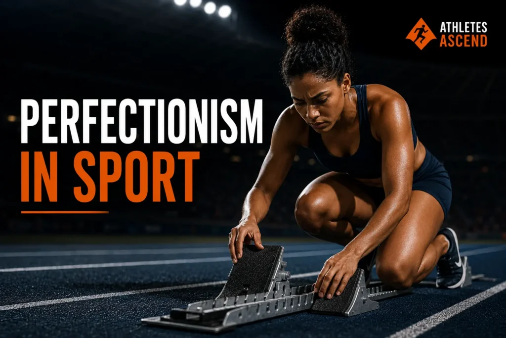 Athlete repeatedly adjusting her starting blocks, representing perfectionism and pressure in sport