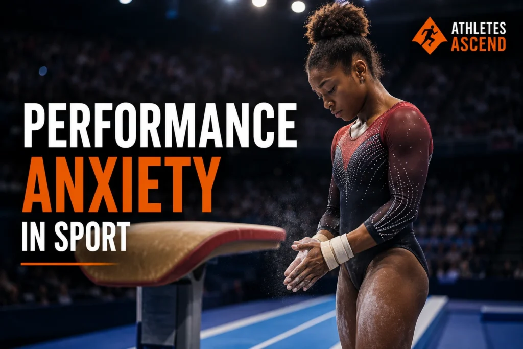 Black female gymnast preparing to vault before competition, illustrating performance anxiety, competition nerves and mental preparation in sport.