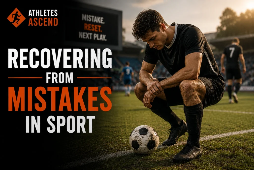 Footballer recovering mentally after making a mistake during a match, illustrating resilience, refocusing and confidence in sport.