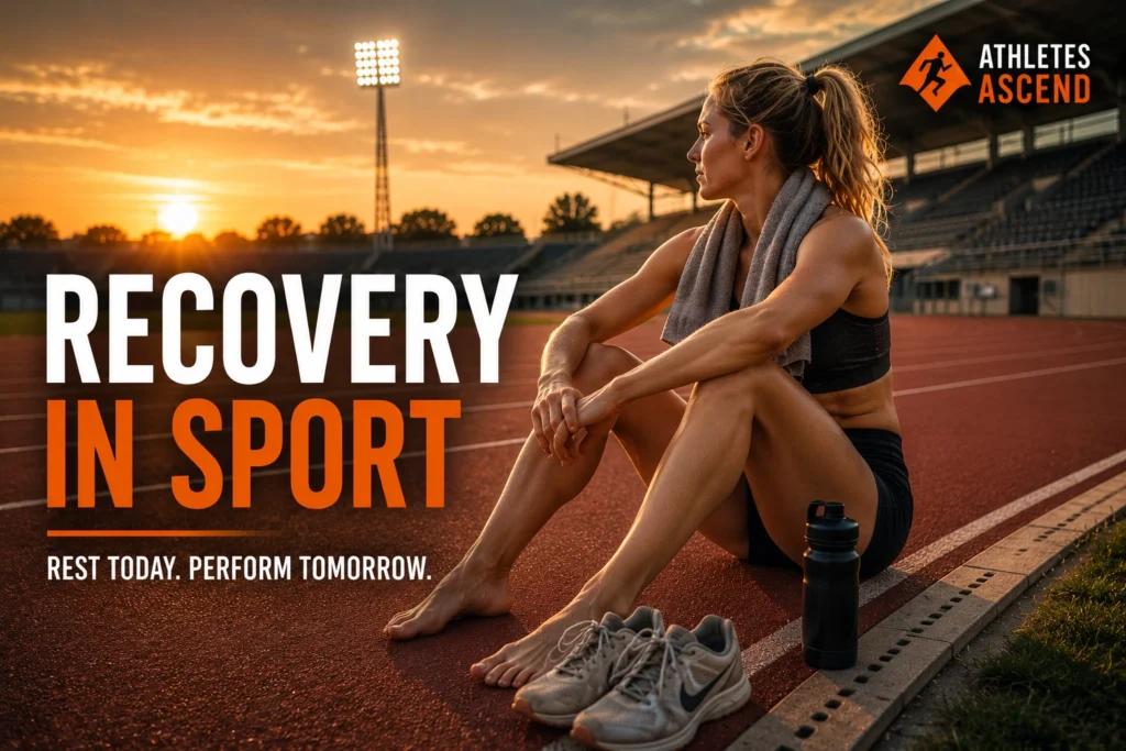 Female athlete sitting on an athletics track at sunset after training, representing physical recovery, mental recovery and performance improvement in sport.