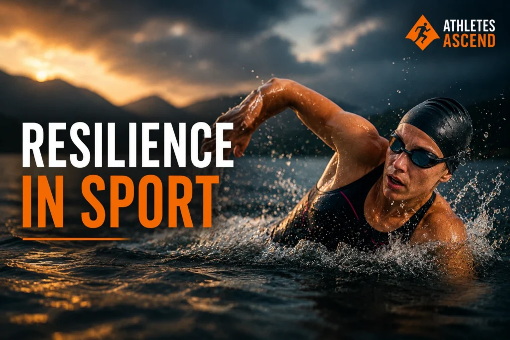 Female open-water swimmer demonstrating resilience, determination and mental strength during endurance training.