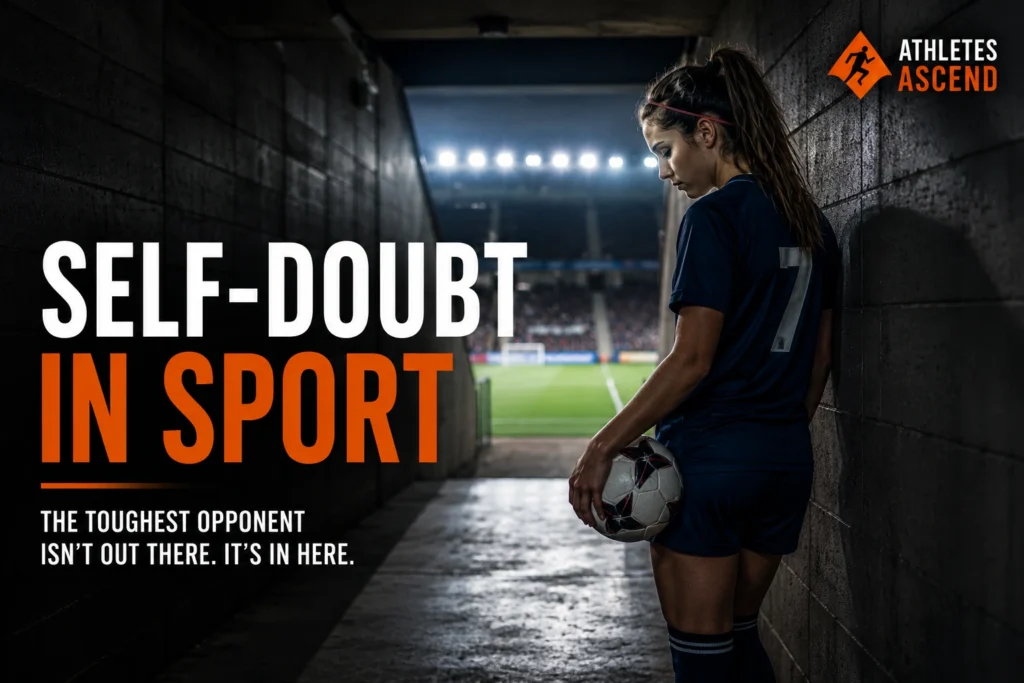 Young female footballer standing alone in the players' tunnel before a match, illustrating self-doubt, uncertainty and mental preparation in sport.