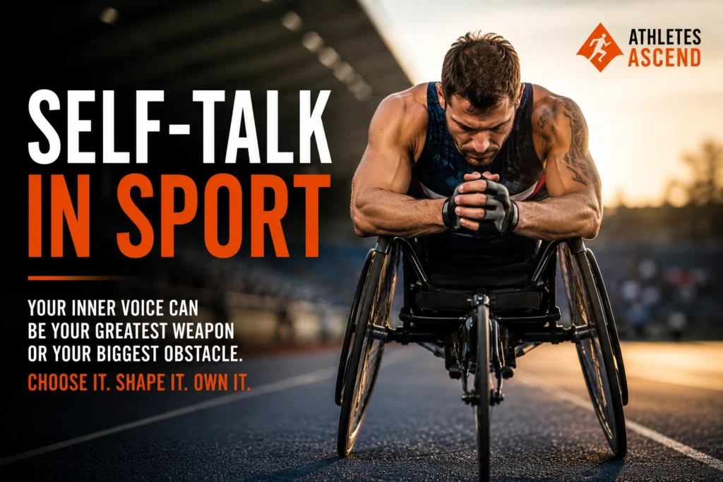 Wheelchair racing athlete preparing mentally before competition, illustrating positive self-talk, mindset and mental performance in sport.