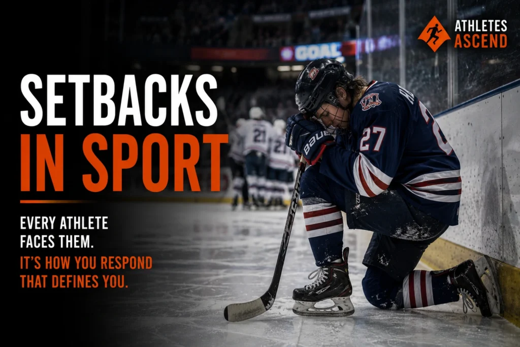 Ice hockey player kneeling on the rink after conceding a goal, illustrating setbacks, disappointment and resilience in sport.