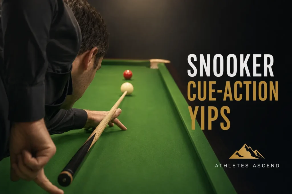 Snooker player hesitating during a correctly aligned shot, representing cue-action yips and difficulty releasing the cue naturally.