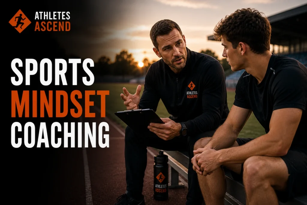 Sports mindset coach working one-to-one with an athlete on a running track, helping to develop confidence, focus, resilience and peak performance.