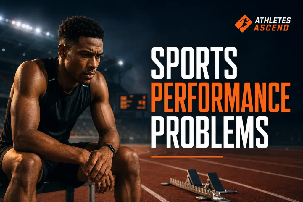 Athlete reflecting beside a running track, representing sports performance problems including pressure, lost confidence and overthinking.