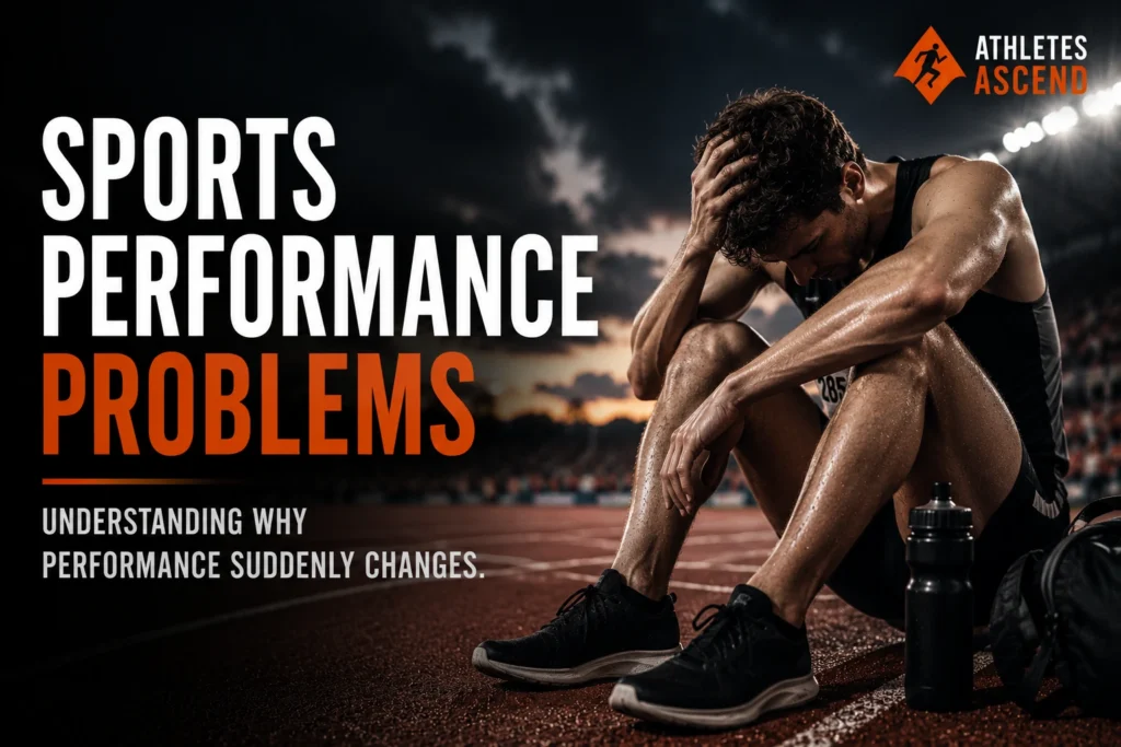 Athlete sitting on a running track looking frustrated, illustrating sports performance problems, loss of form and changes in athletic performance.