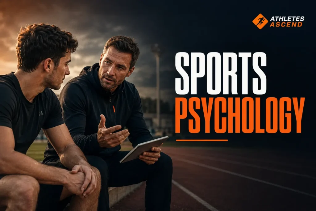 Sports coach giving an athlete practical guidance beside a running track, representing sports psychology and mental performance coaching.