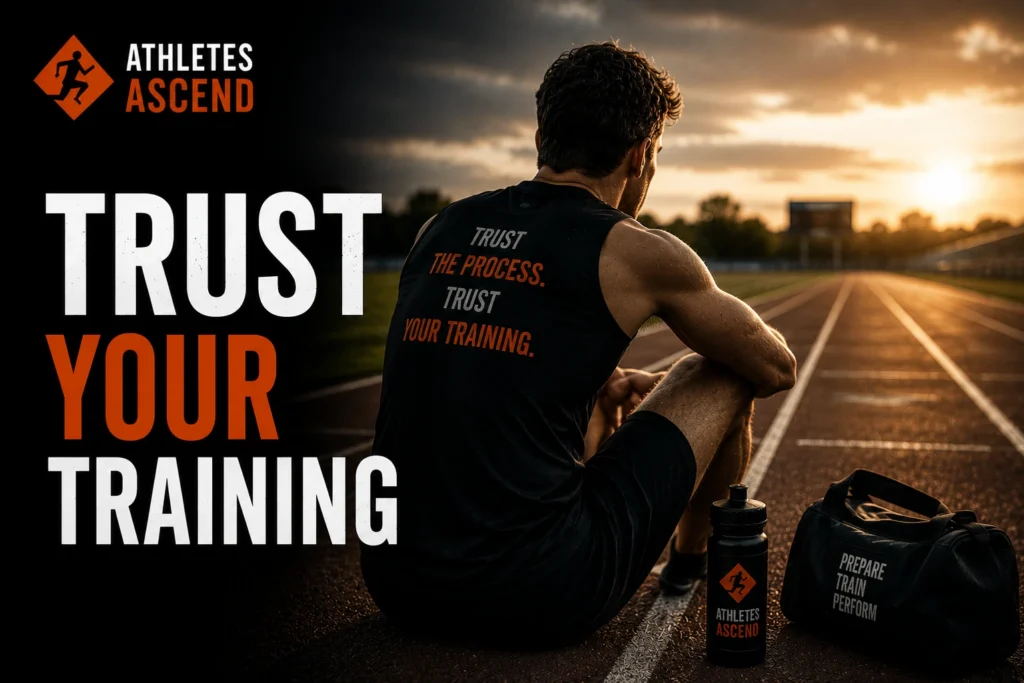 Athlete sitting beside a running track before competition, illustrating the importance of trusting training, preparation and consistent practice to perform with confidence.