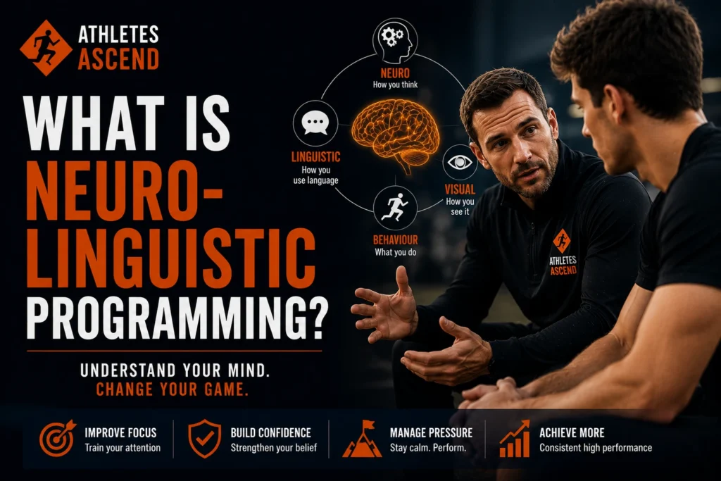 Sports coach explaining Neuro-Linguistic Programming (NLP) to an athlete, illustrating how mindset, language and behaviour influence sporting performance.