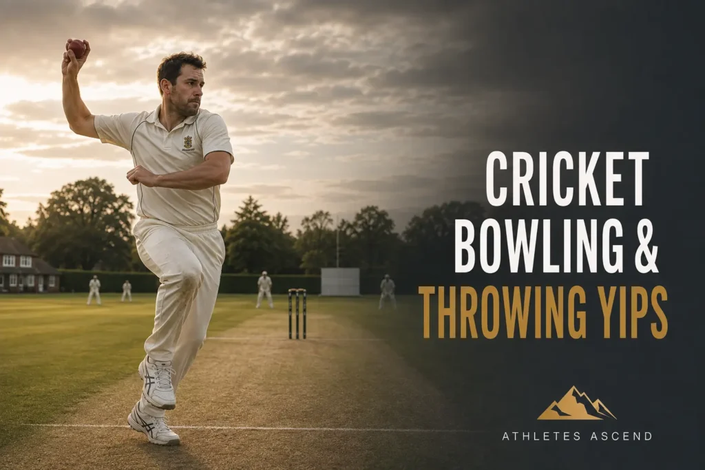 Cricketer hesitating during his bowling action, representing cricket bowling and throwing yips.