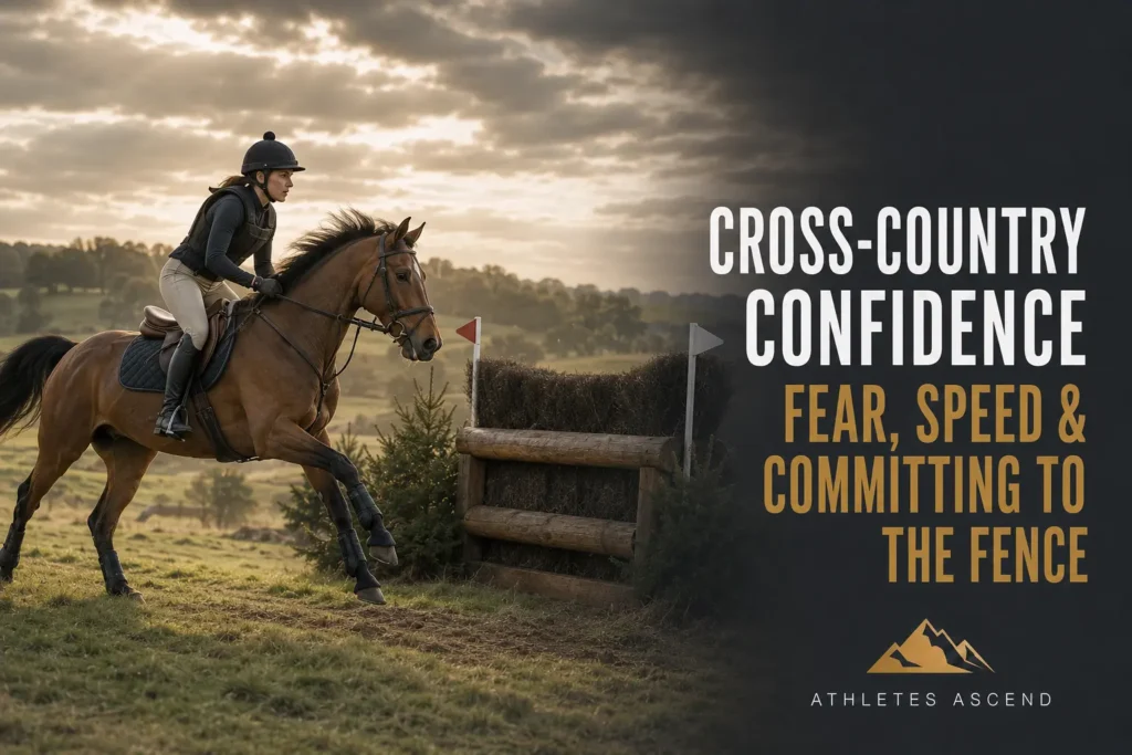 Female cross-country rider confidently approaching a solid fence on her horse.