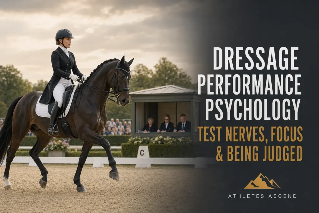 Female dressage rider performing before a judging panel while maintaining concentration and composure.