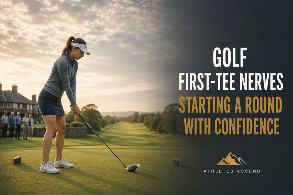 Female golfer preparing to take her opening drive while other players wait behind her.